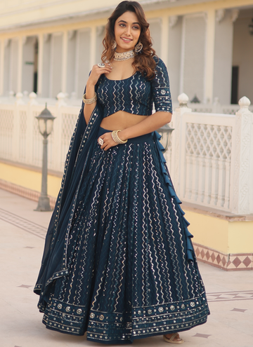 Attractive Teal Blue Sequence Georgette Lehenga Choli